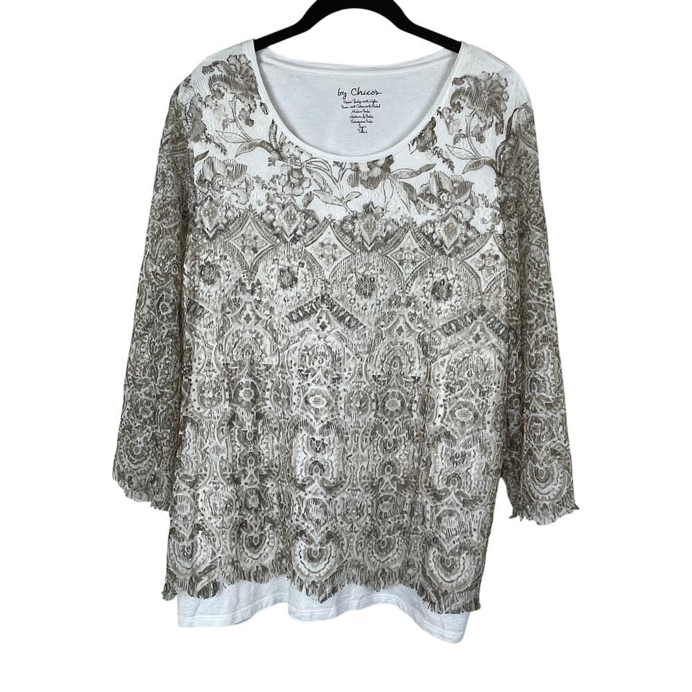 Chico's Lace‎ Overlay Top Cream Ivory Size 2 M Sheer Fringe Long Sleeve Blouse